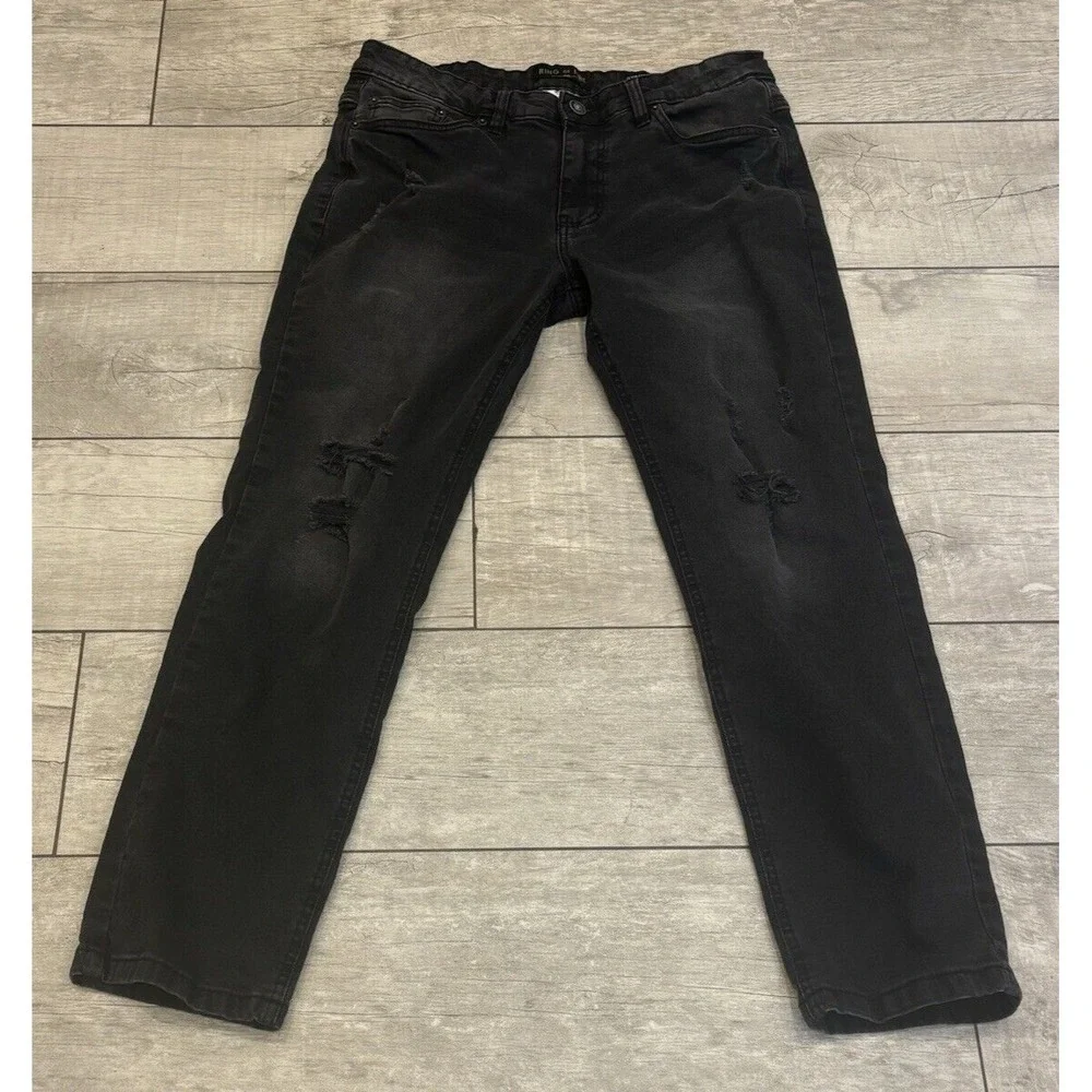 Ring of Fire Mens Black Distressed Straight Stretch Jeans 33x29 Mid Rise Grunge